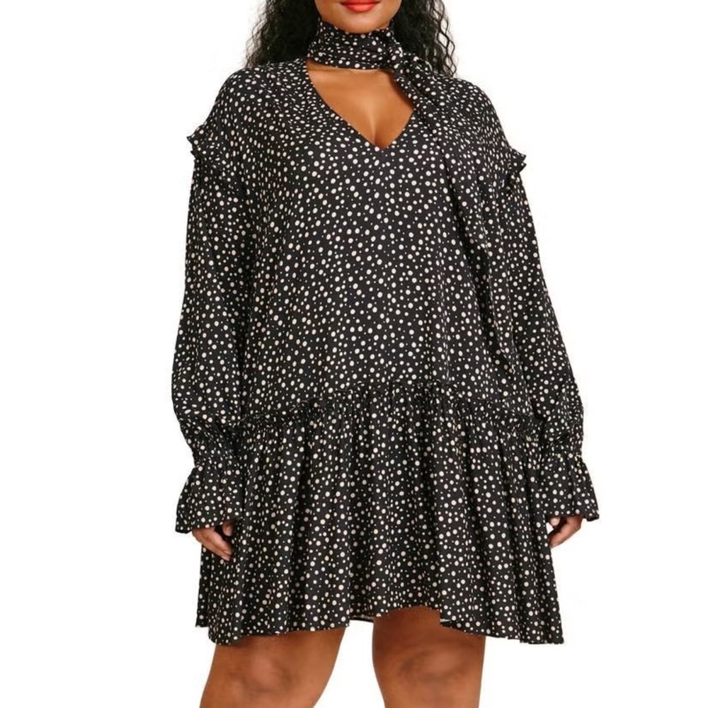 11 Honore Black Tan Scatter Polka Dot Long Sleeve Tie V-Neck Flowy Mini Dress - Picture 5 of 12